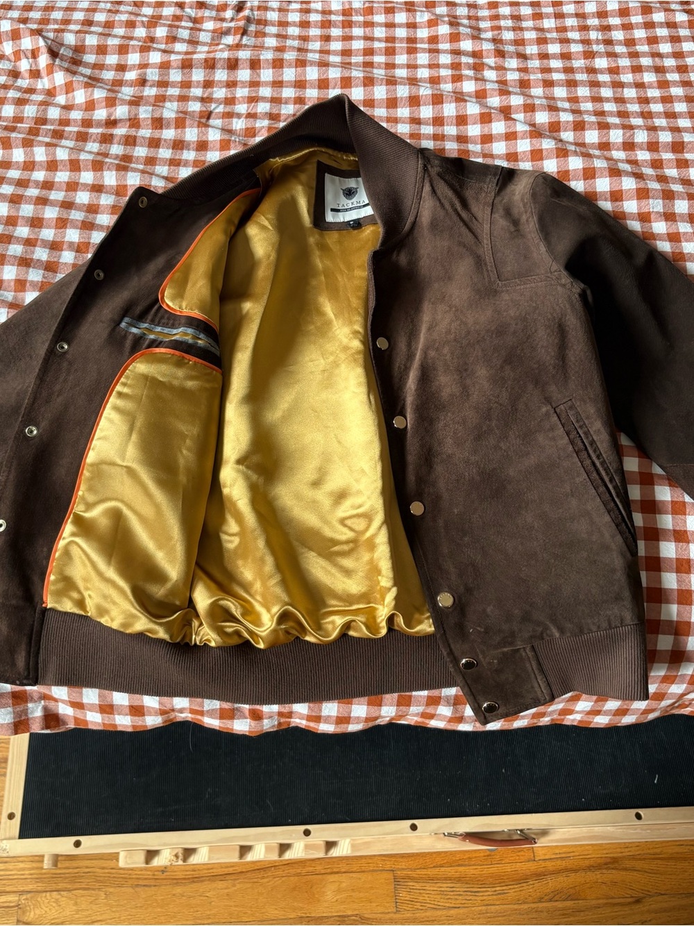 Men's Brown Suede Bomber Jacket with Gold Satin Lining